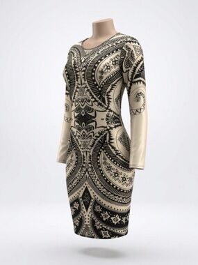 Boho-Inspired Black and Cream Printed Bodycon Dress